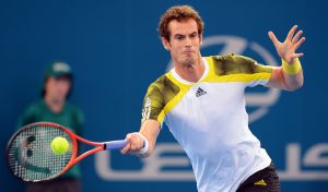 Andy Murray of Britain hits a forehand r